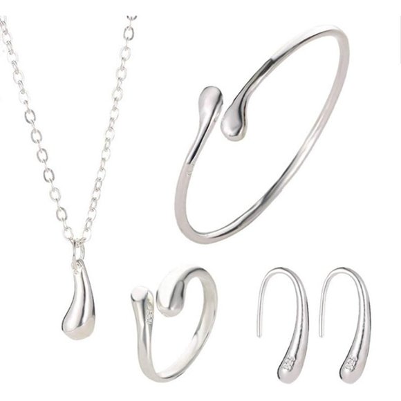 New 4 Pcs 925 Sterling Silver Jewelry Set for Women Teardrop Pendant Nec… - Picture 2 of 8